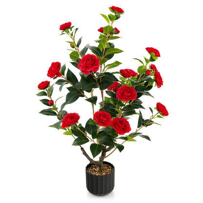 38 Inch Artificial Camellia Tree Faux Flower Plant in Cement Pot, Red