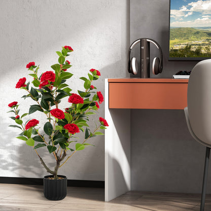 38 Inch Artificial Camellia Tree Faux Flower Plant in Cement Pot, Red Faux Plants at Gallery Canada