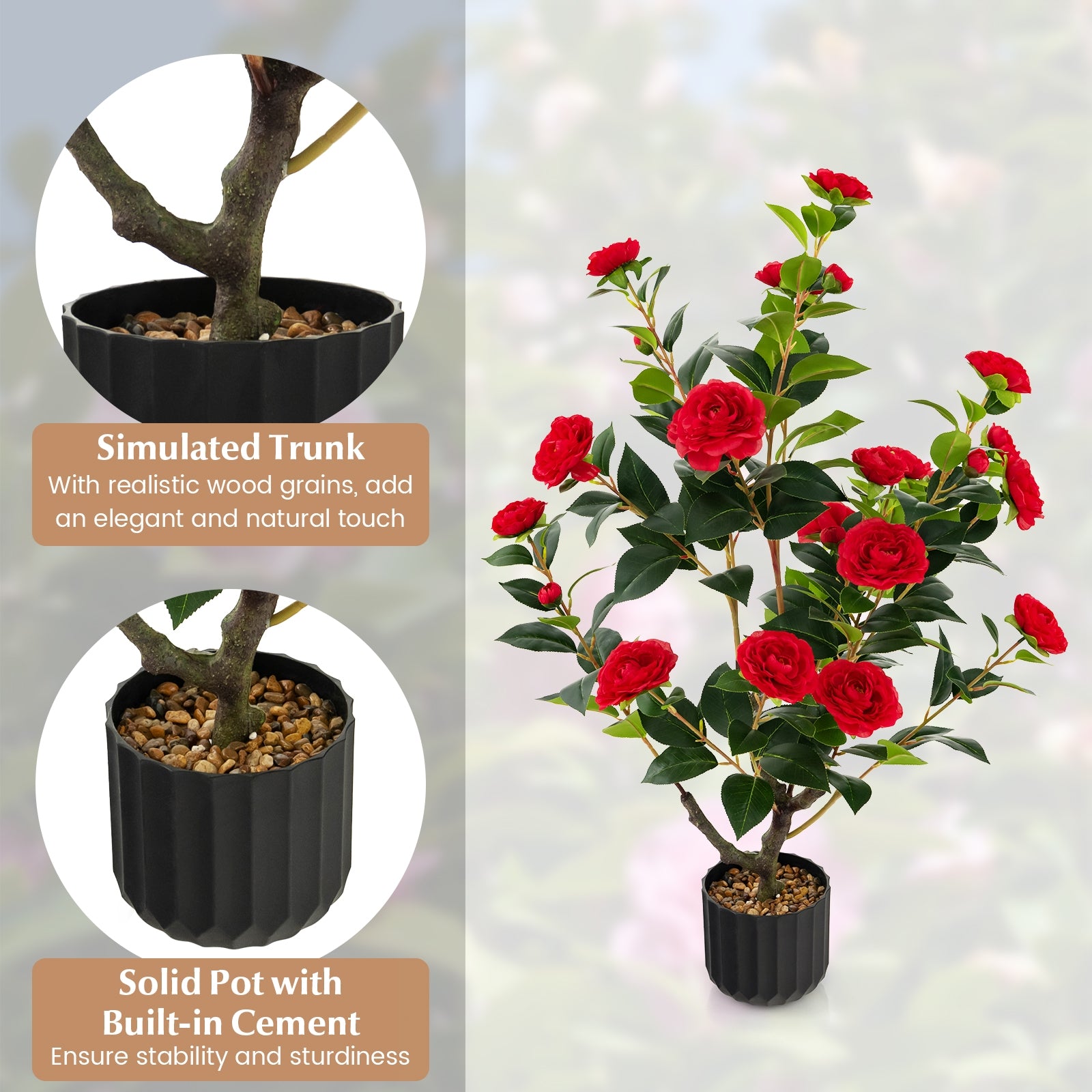 38 Inch Artificial Camellia Tree Faux Flower Plant in Cement Pot, Red Faux Plants at Gallery Canada