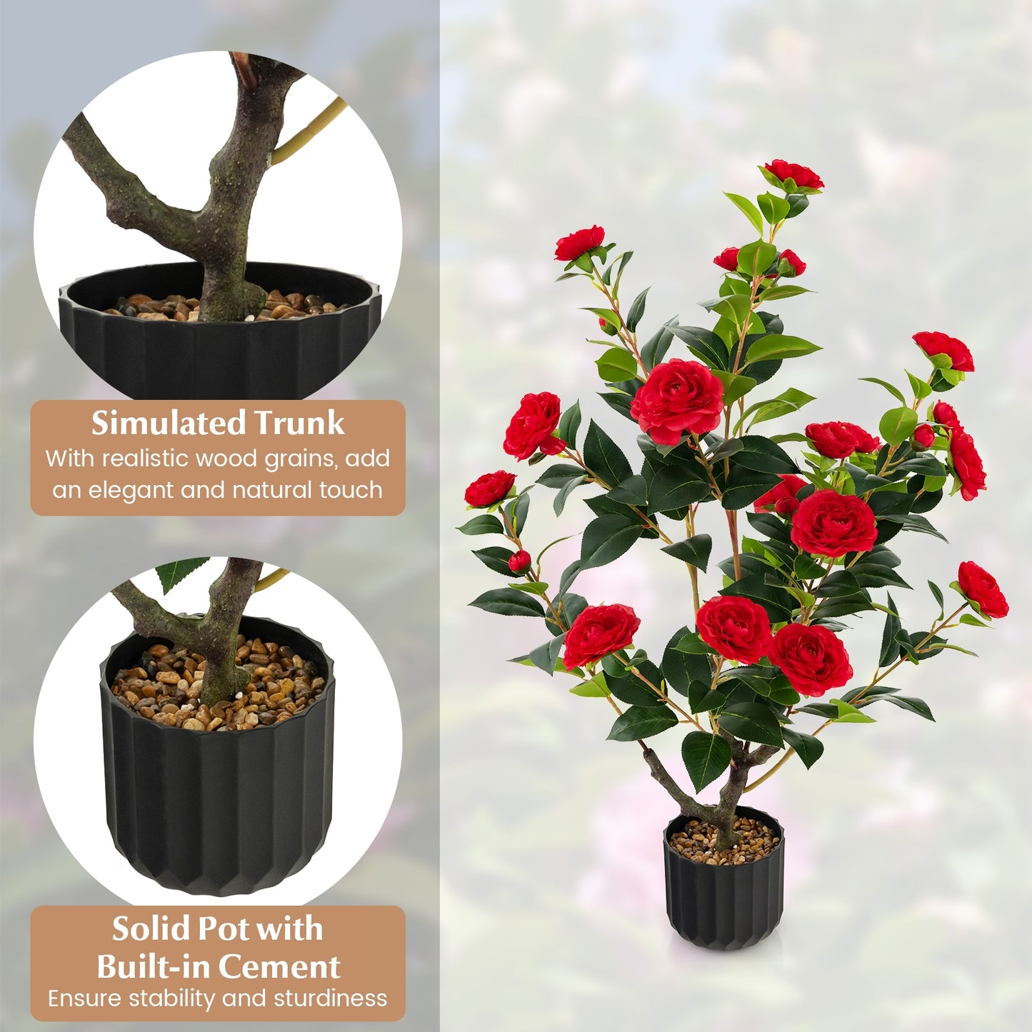 38 Inch Artificial Camellia Tree Faux Flower Plant in Cement Pot, Red Faux Plants at Gallery Canada