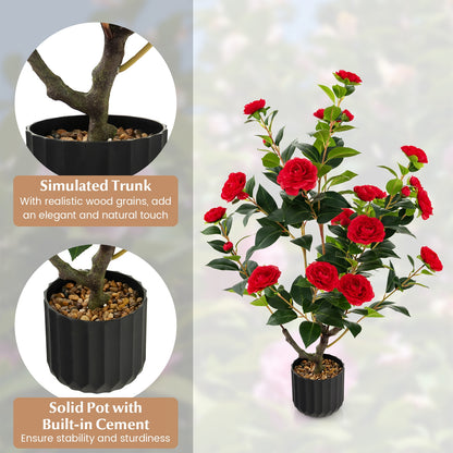 38 Inch Artificial Camellia Tree Faux Flower Plant in Cement Pot, Red Faux Plants at Gallery Canada