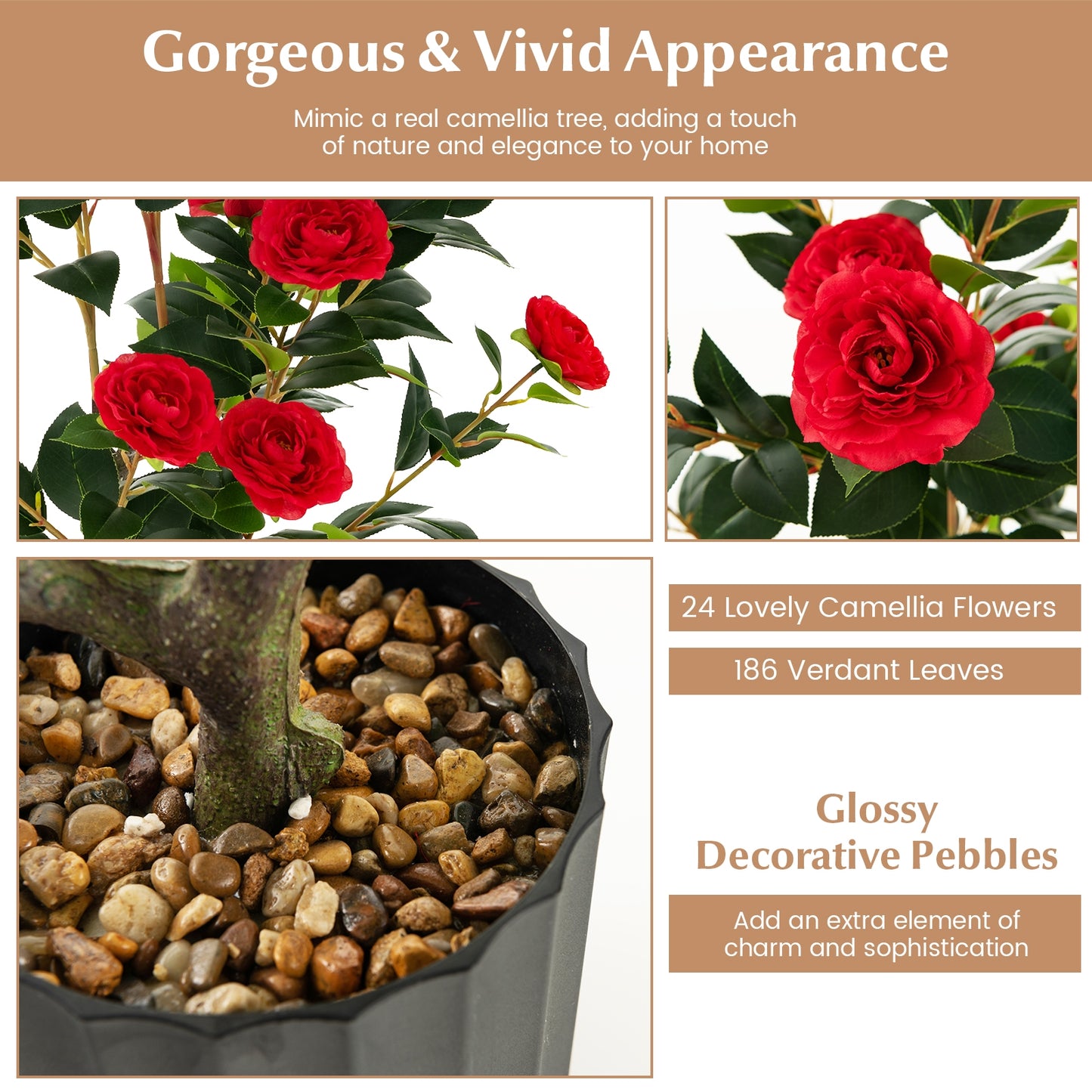 38 Inch Artificial Camellia Tree Faux Flower Plant in Cement Pot, Red Faux Plants at Gallery Canada