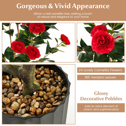 38 Inch Artificial Camellia Tree Faux Flower Plant in Cement Pot, Red Faux Plants at Gallery Canada