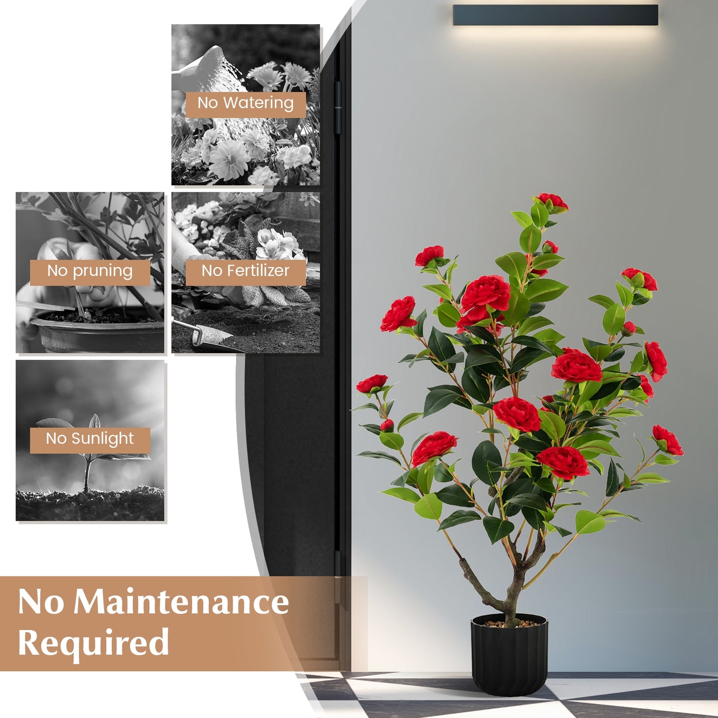 38 Inch Artificial Camellia Tree Faux Flower Plant in Cement Pot, Red Faux Plants at Gallery Canada