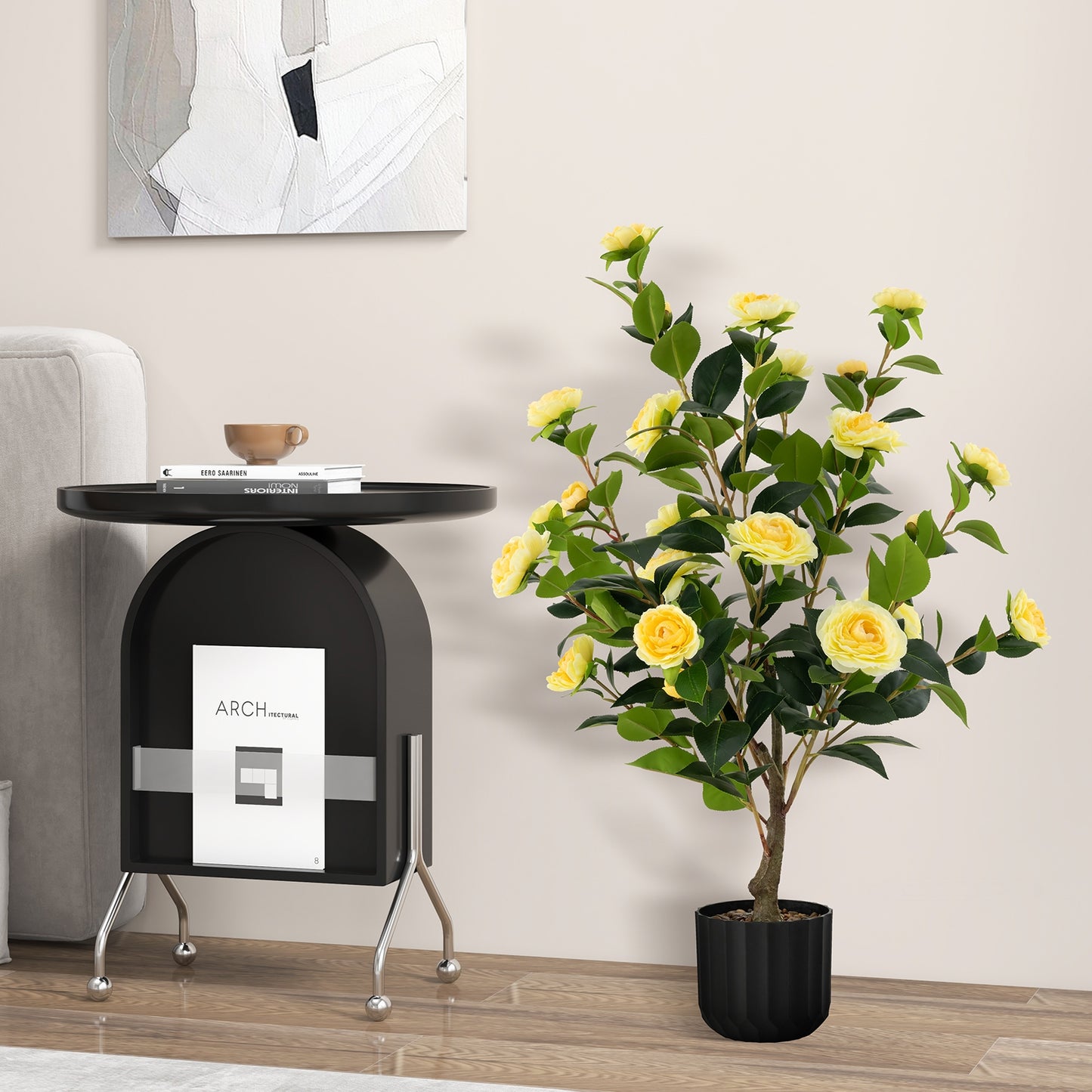 38 Inch Artificial Camellia Tree, Cement Pot, Yellow Faux Plants at Gallery Canada