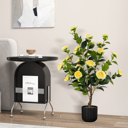 38 Inch Artificial Camellia Tree Faux Flower Plant in Cement Pot, Yellow - Gallery Canada