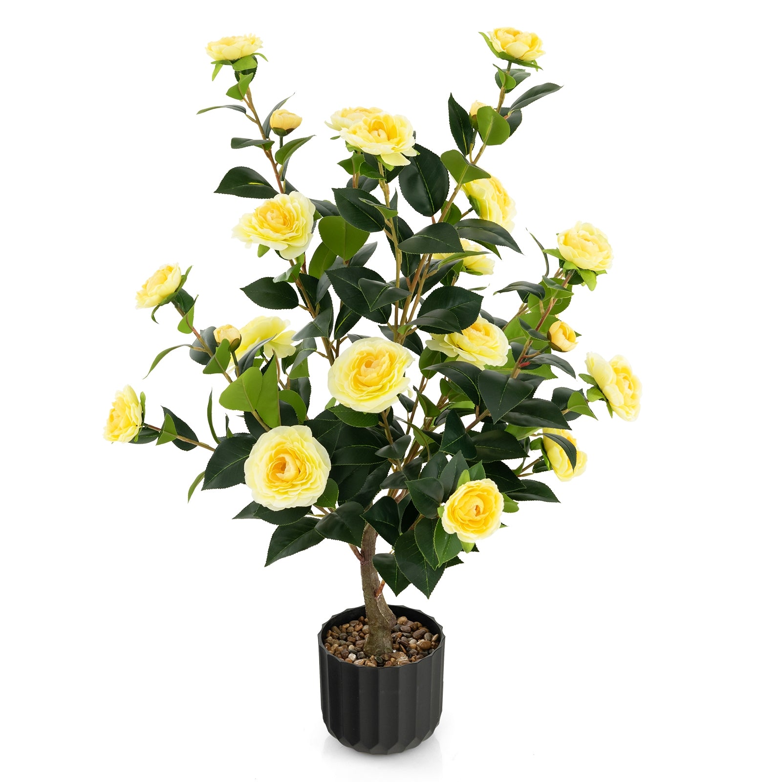 38 Inch Artificial Camellia Tree Faux Flower Plant in Cement Pot, Yellow Faux Plants at Gallery Canada