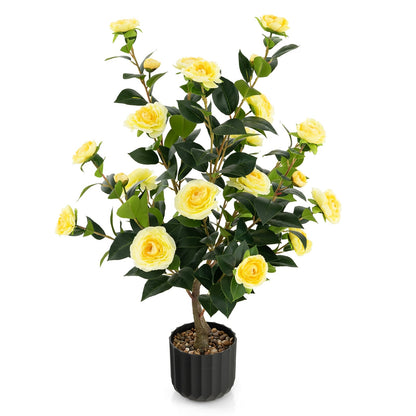 38 Inch Artificial Camellia Tree, Cement Pot, Yellow Faux Plants Yellow at Gallery Canada