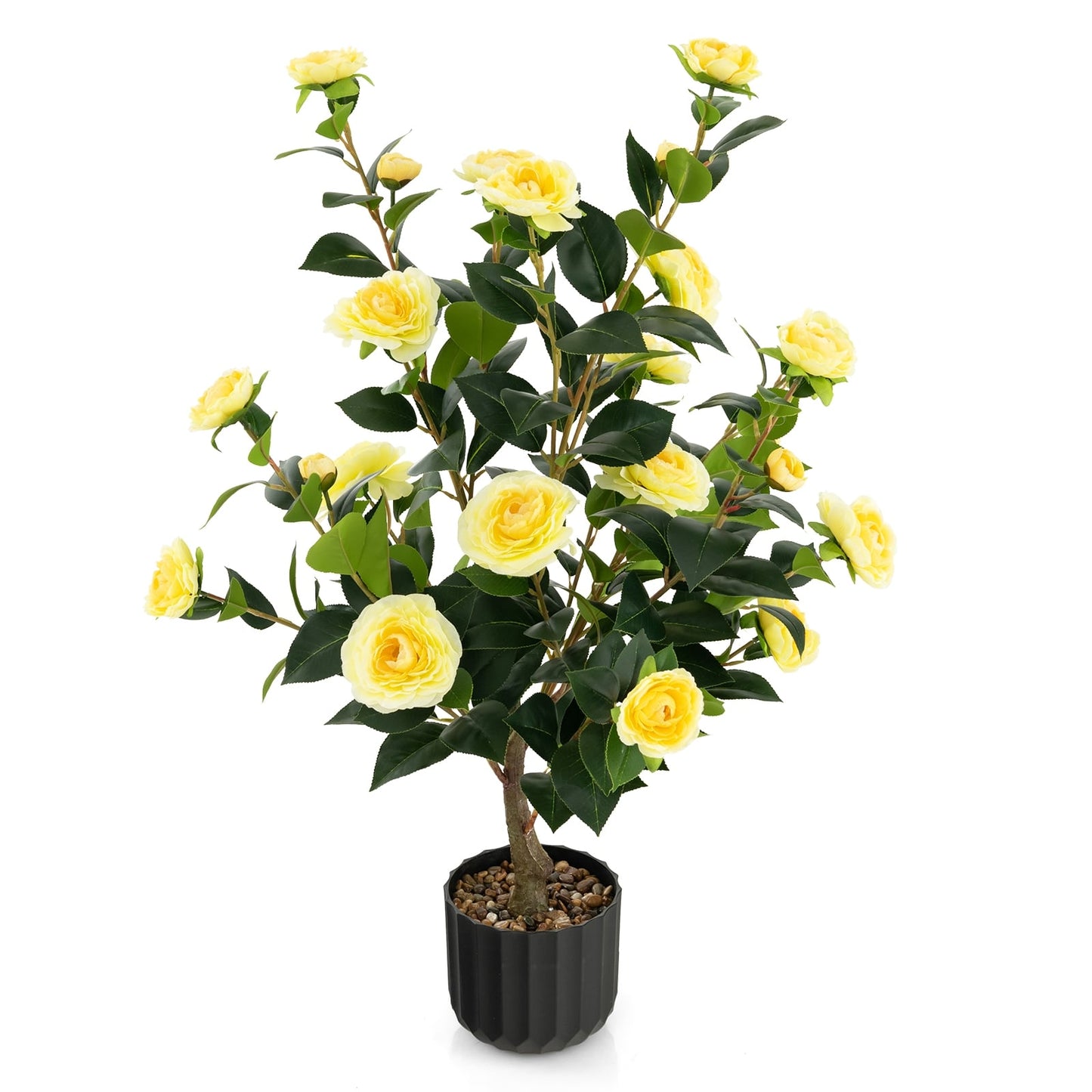 38 Inch Artificial Camellia Tree, Cement Pot, Yellow Faux Plants at Gallery Canada