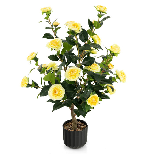 38 Inch Artificial Camellia Tree Faux Flower Plant in Cement Pot, Yellow - Gallery Canada