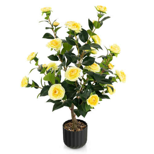 38 Inch Artificial Camellia Tree, Cement Pot, Yellow
