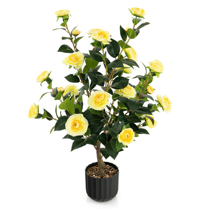 38 Inch Artificial Camellia Tree, Cement Pot, Yellow Faux Plants Yellow at Gallery Canada