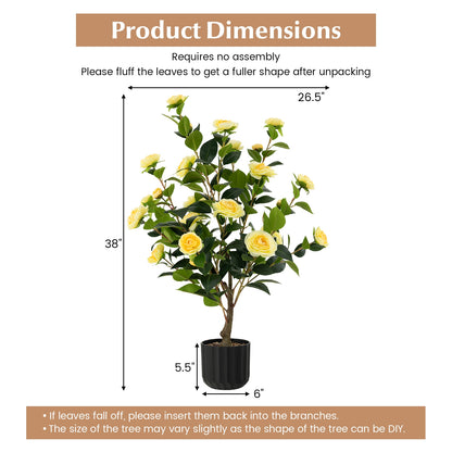 38 Inch Artificial Camellia Tree Faux Flower Plant in Cement Pot, Yellow Faux Plants at Gallery Canada