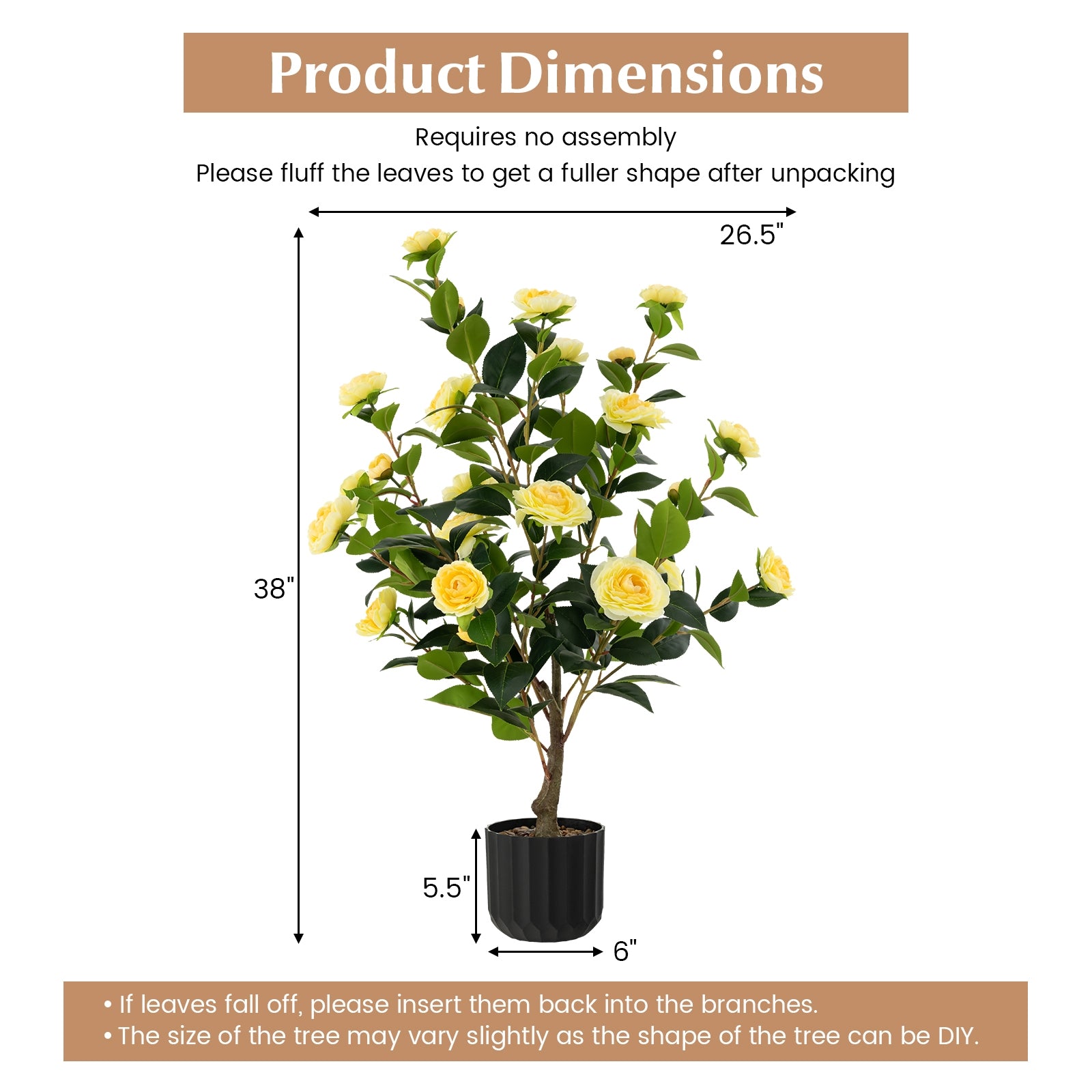 38 Inch Artificial Camellia Tree, Cement Pot, Yellow Faux Plants at Gallery Canada