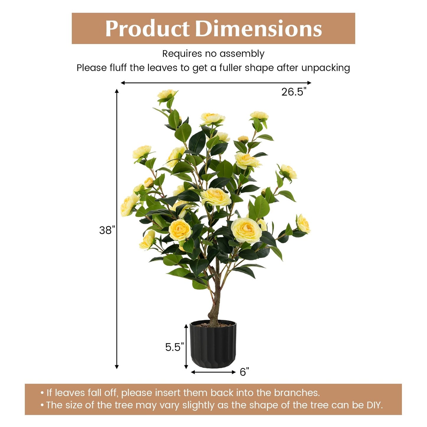 38 Inch Artificial Camellia Tree Faux Flower Plant in Cement Pot, Yellow