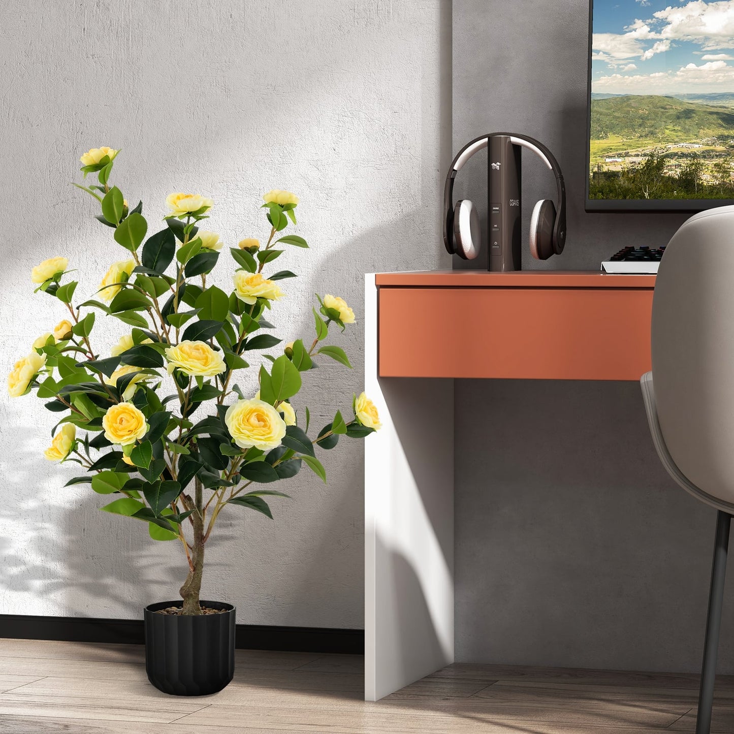 38 Inch Artificial Camellia Tree, Cement Pot, Yellow Faux Plants at Gallery Canada