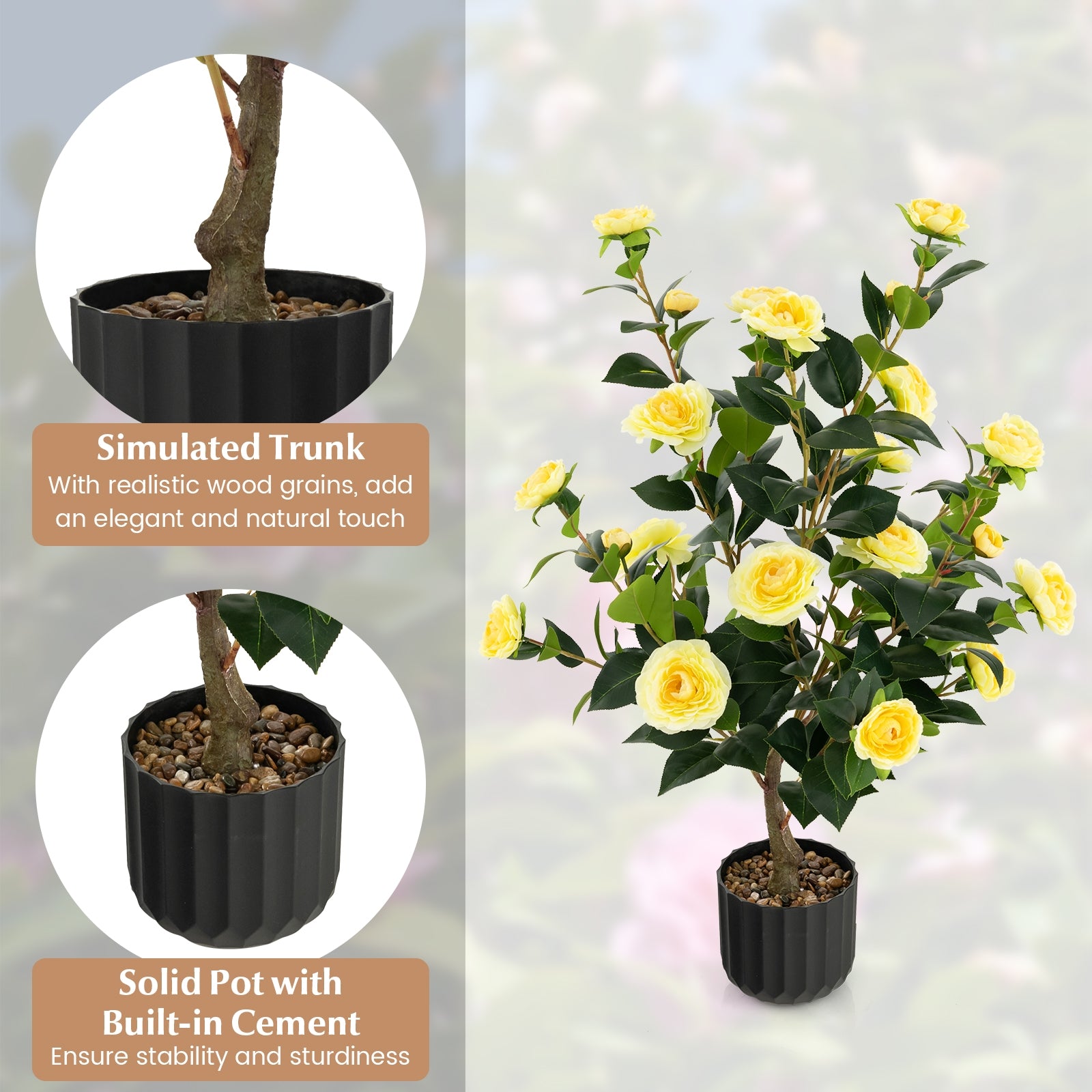 38 Inch Artificial Camellia Tree, Cement Pot, Yellow Faux Plants at Gallery Canada