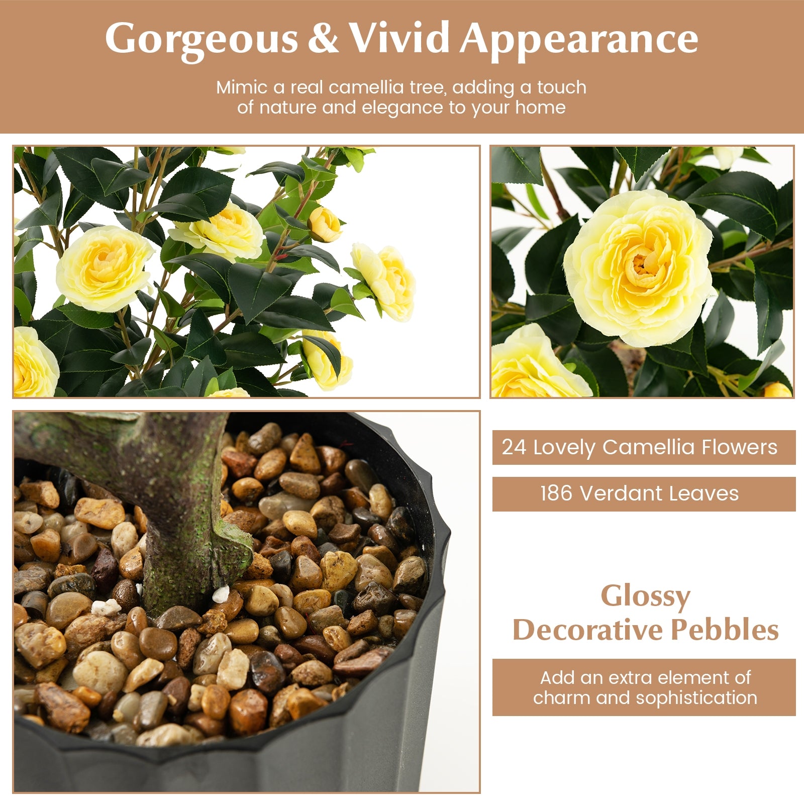 38 Inch Artificial Camellia Tree Faux Flower Plant in Cement Pot, Yellow Faux Plants at Gallery Canada