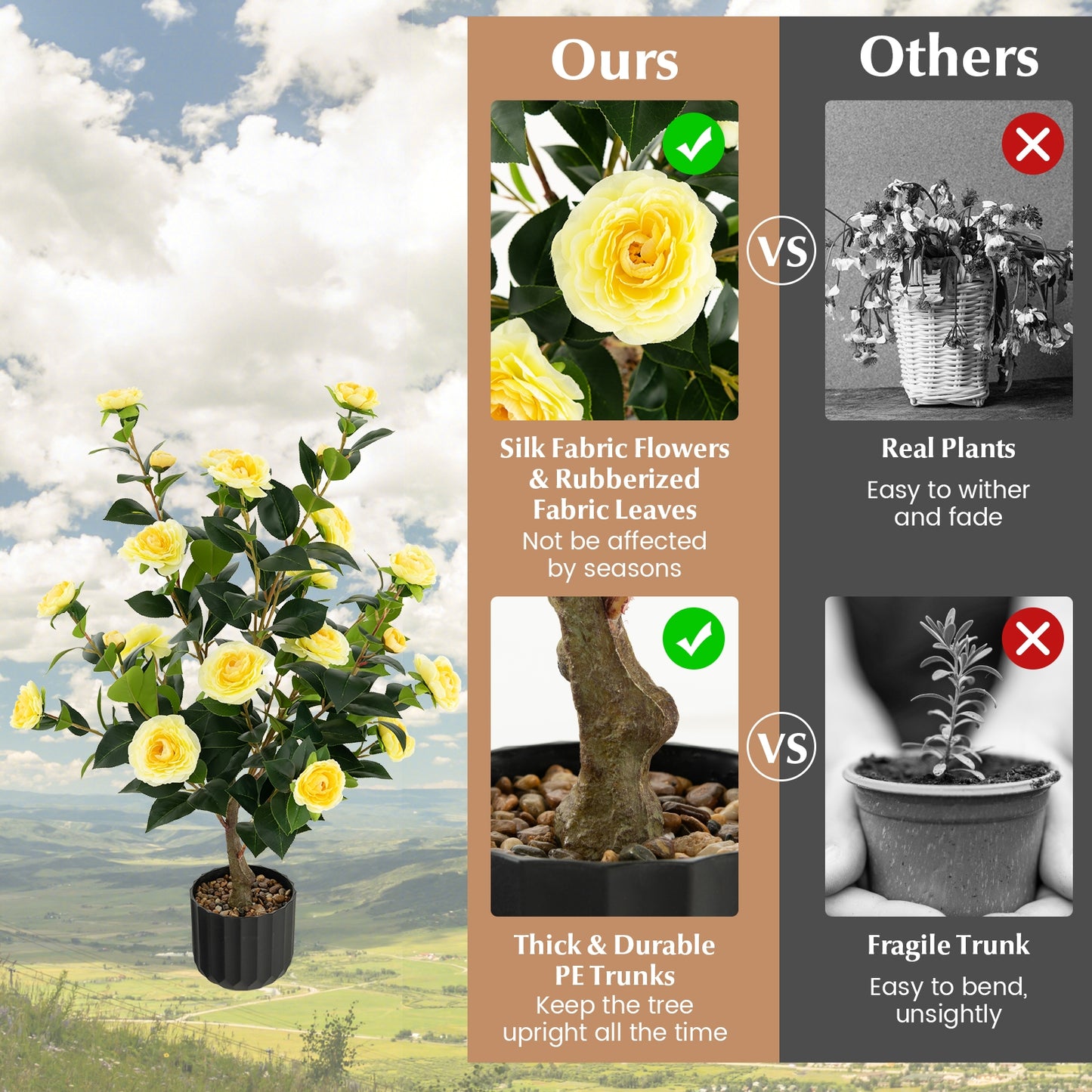 38 Inch Artificial Camellia Tree Faux Flower Plant in Cement Pot, Yellow Faux Plants at Gallery Canada