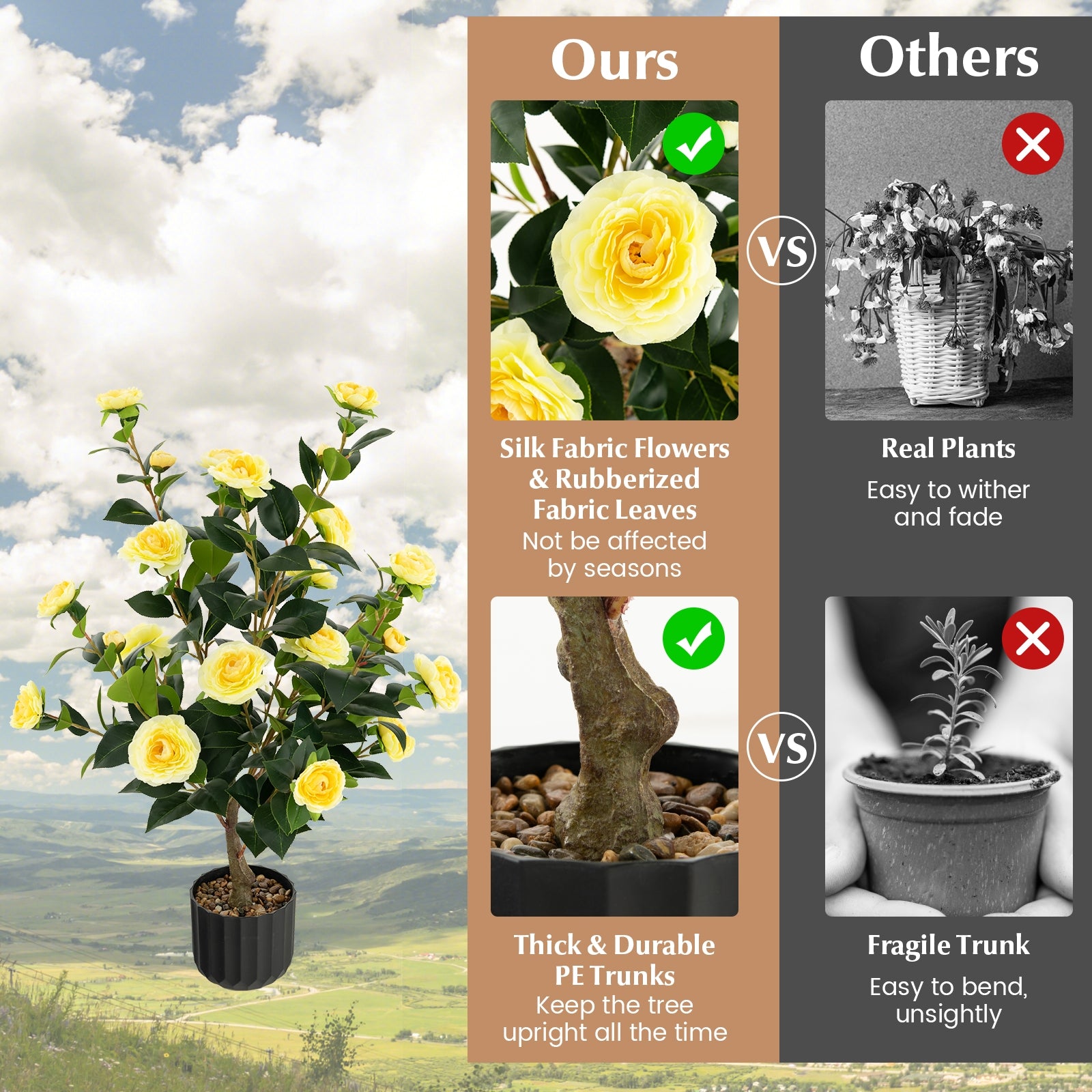 38 Inch Artificial Camellia Tree Faux Flower Plant in Cement Pot, Yellow Faux Plants at Gallery Canada
