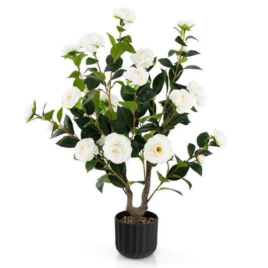 38 Inch Artificial Camellia Tree Faux Flower Plant in Cement Pot, White - Gallery Canada