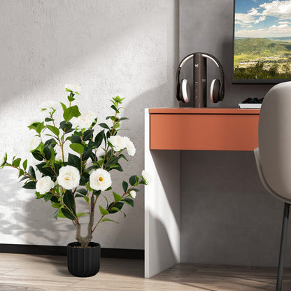 38 Inch Artificial Camellia Tree Faux Flower Plant in Cement Pot, White Faux Plants at Gallery Canada