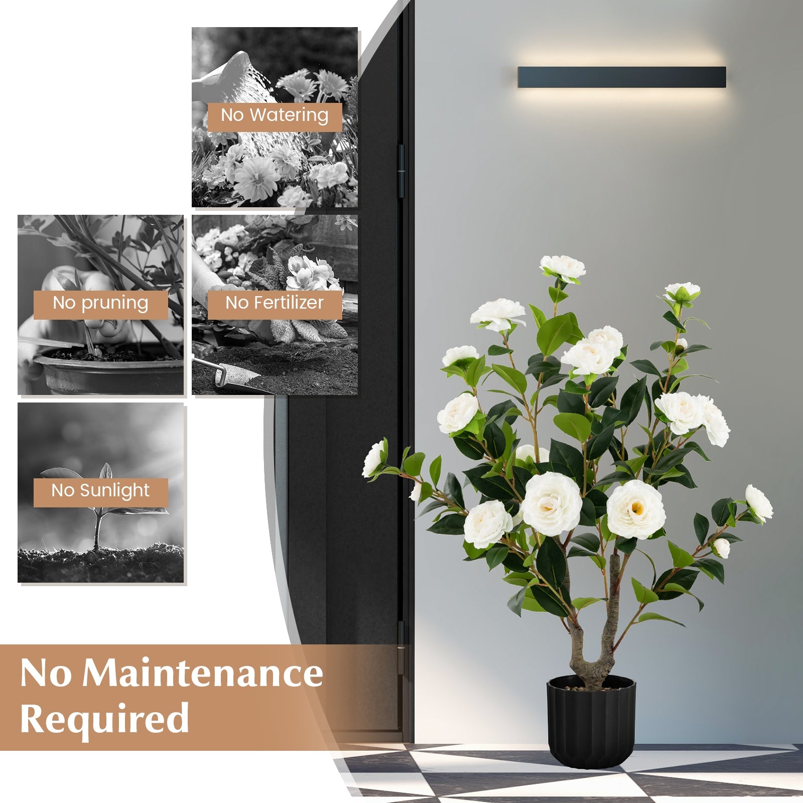 38 Inch Artificial Camellia Tree Faux Flower Plant in Cement Pot, White Faux Plants at Gallery Canada