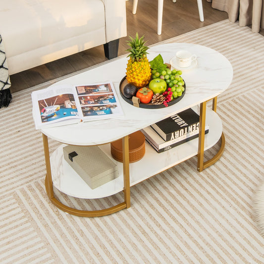 Marble Coffee Table with Open Storage Shelf-White , White - Gallery Canada