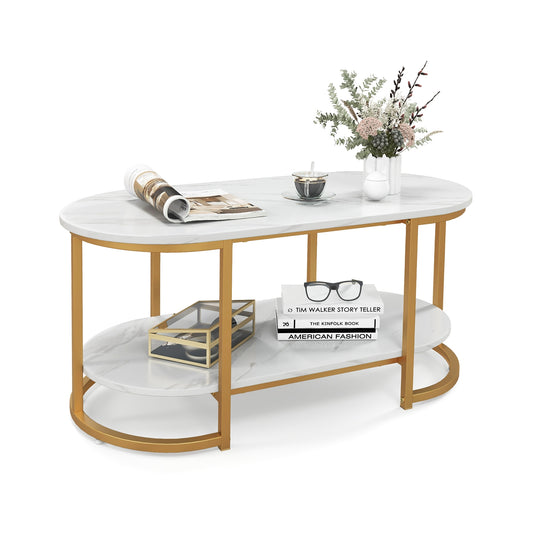 Marble Coffee Table With Open Storage Shelf, White