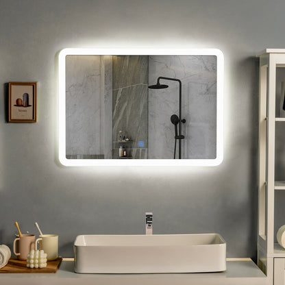 LED Wall-mounted Bathroom Rounded Arc Corner Mirror with Touch, White