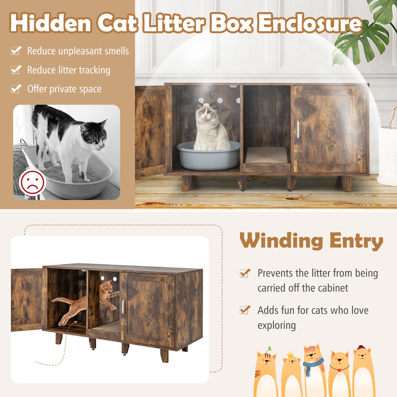 2-Door Cat Litter Box Enclosure with Winding Entry and Scratching Board - Gallery View 6 of 10