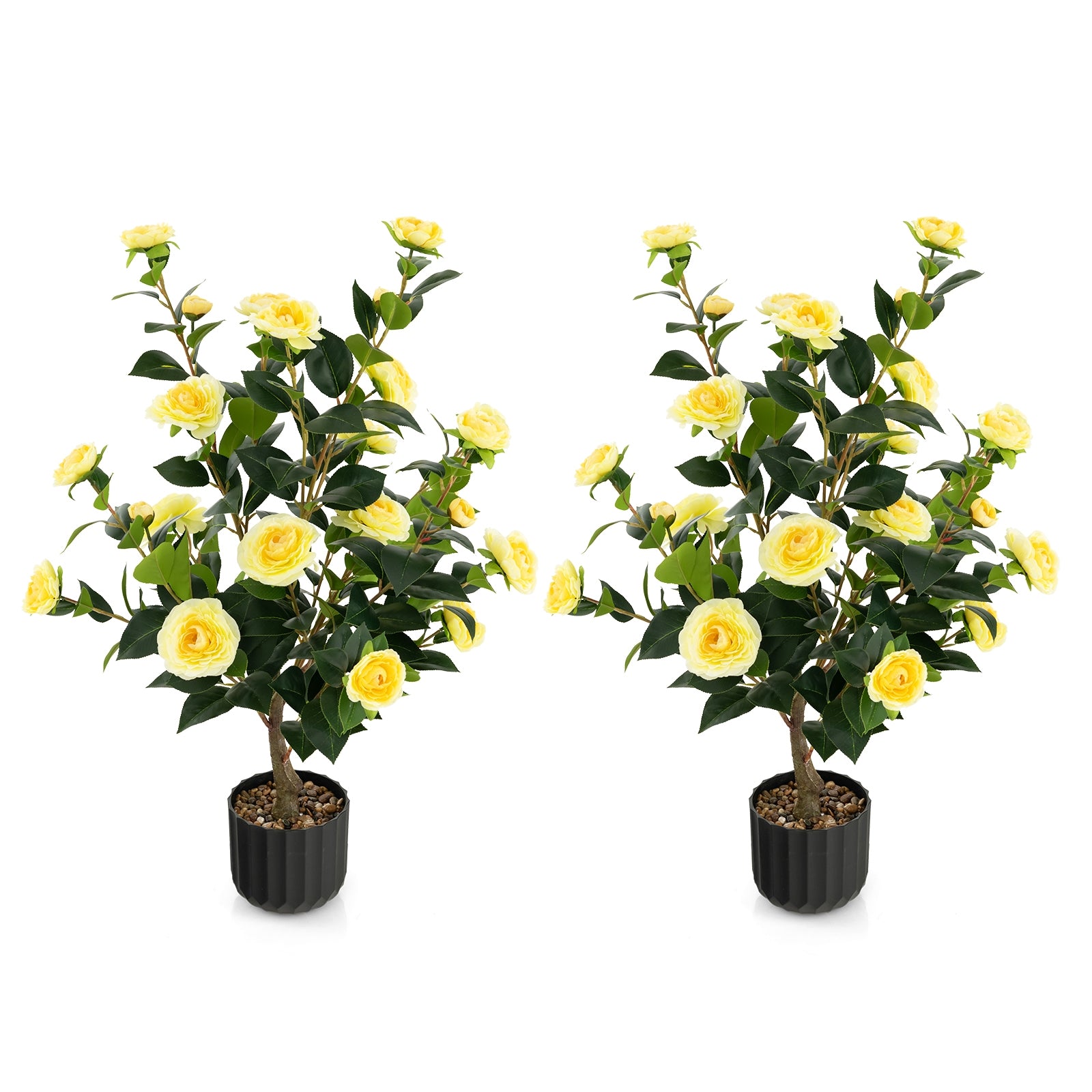 38 Inch Artificial Camellia Tree, Faux Flower Plant, Cement Pot, 2 Pack, Yellow Faux Plants at Gallery Canada