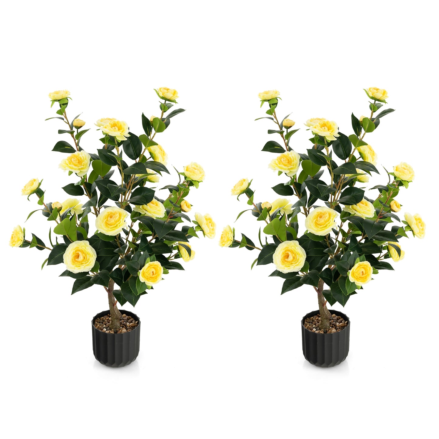 38 Inch Artificial Camellia Tree, Faux Flower Plant, Cement Pot, 2 Pack, Yellow Faux Plants at Gallery Canada