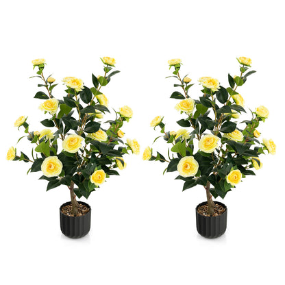 38 Inch Artificial Camellia Tree, Faux Flower Plant, Cement Pot, 2 Pack, Yellow Faux Plants at Gallery Canada
