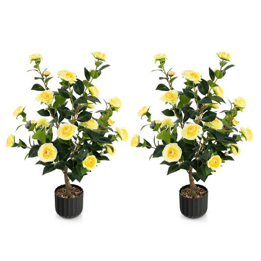 38 Inch Artificial Camellia Tree, Faux Flower Plant, Cement Pot, 2 Pack, Yellow Faux Plants Yellow at Gallery Canada