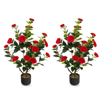 38 Inch Artificial Camellia Tree Faux Flower Plant in Cement Pot 2 Pack, Red Faux Plants Red at Gallery Canada