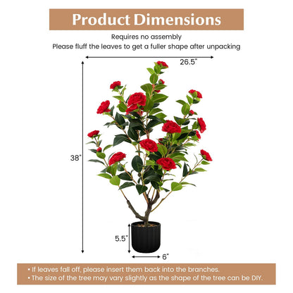 38 Inch Artificial Camellia Tree Faux Flower Plant in Cement Pot 2 Pack, Red