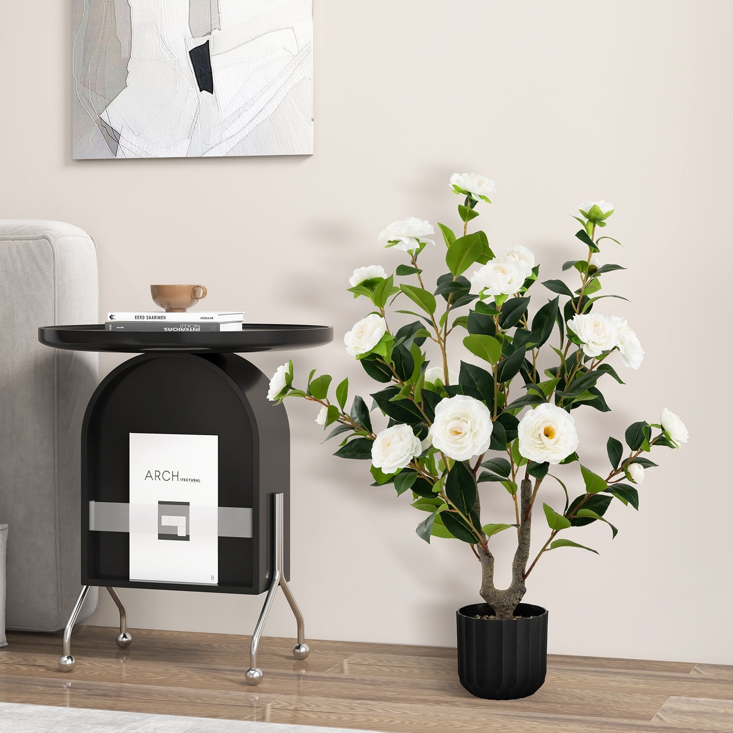 38 Inch Artificial Camellia Tree Faux Flower Plant in Cement Pot 2 Pack, White Faux Plants at Gallery Canada