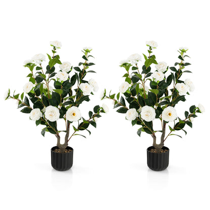 38 Inch Artificial Camellia Tree, Cement Pot, 2 Pack, White Faux Plants at Gallery Canada