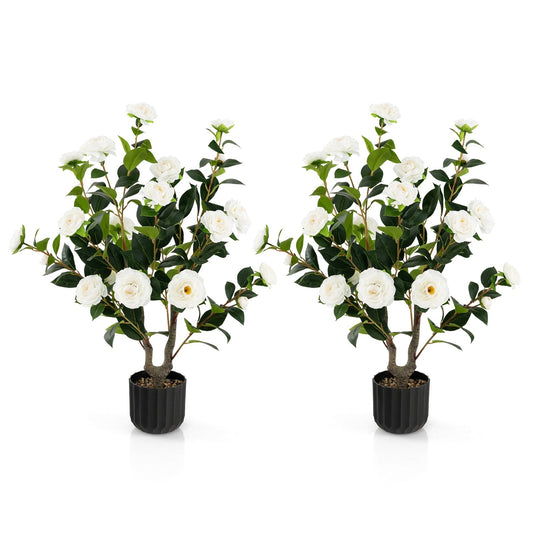 38 Inch Artificial Camellia Tree Faux Flower Plant in Cement Pot 2 Pack, White - Gallery Canada