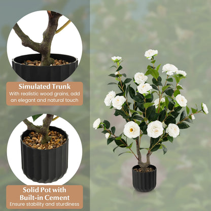 38 Inch Artificial Camellia Tree Faux Flower Plant in Cement Pot 2 Pack, White