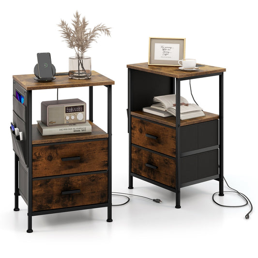 Industrial Bedside Table with USB Ports and AC Outlets for Bedroom Living  Room-Set of 2, Rustic Brown - Gallery Canada
