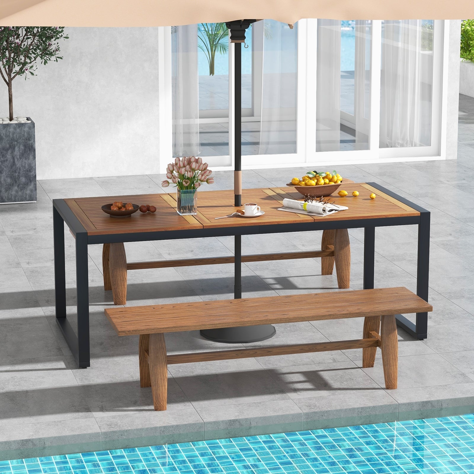 79 Inch Acacia Wood Patio Table with 1.9 Inch Umbrella Hole for Garden and Poolside Patio Dining Tables at Gallery Canada