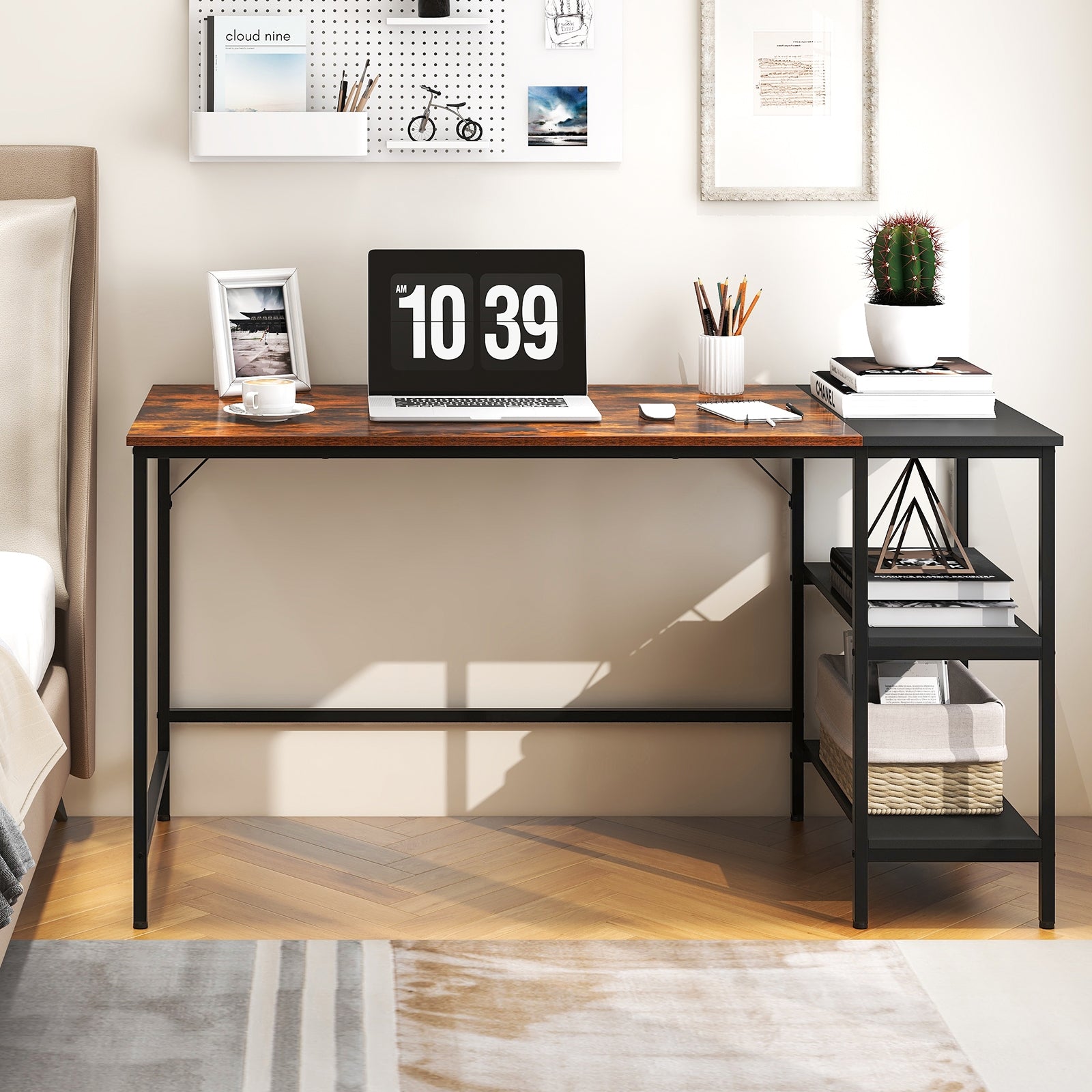55 Inch Modern Industrial Style Study Writing Desk with 2 Storage Shelves, Rustic Brown Office Desks at Gallery Canada