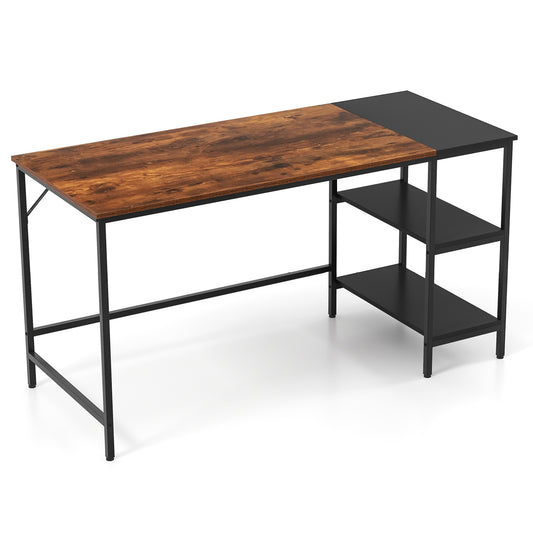 55 Inch Industrial Study Desk, 2 Storage Shelves, Rustic Brown