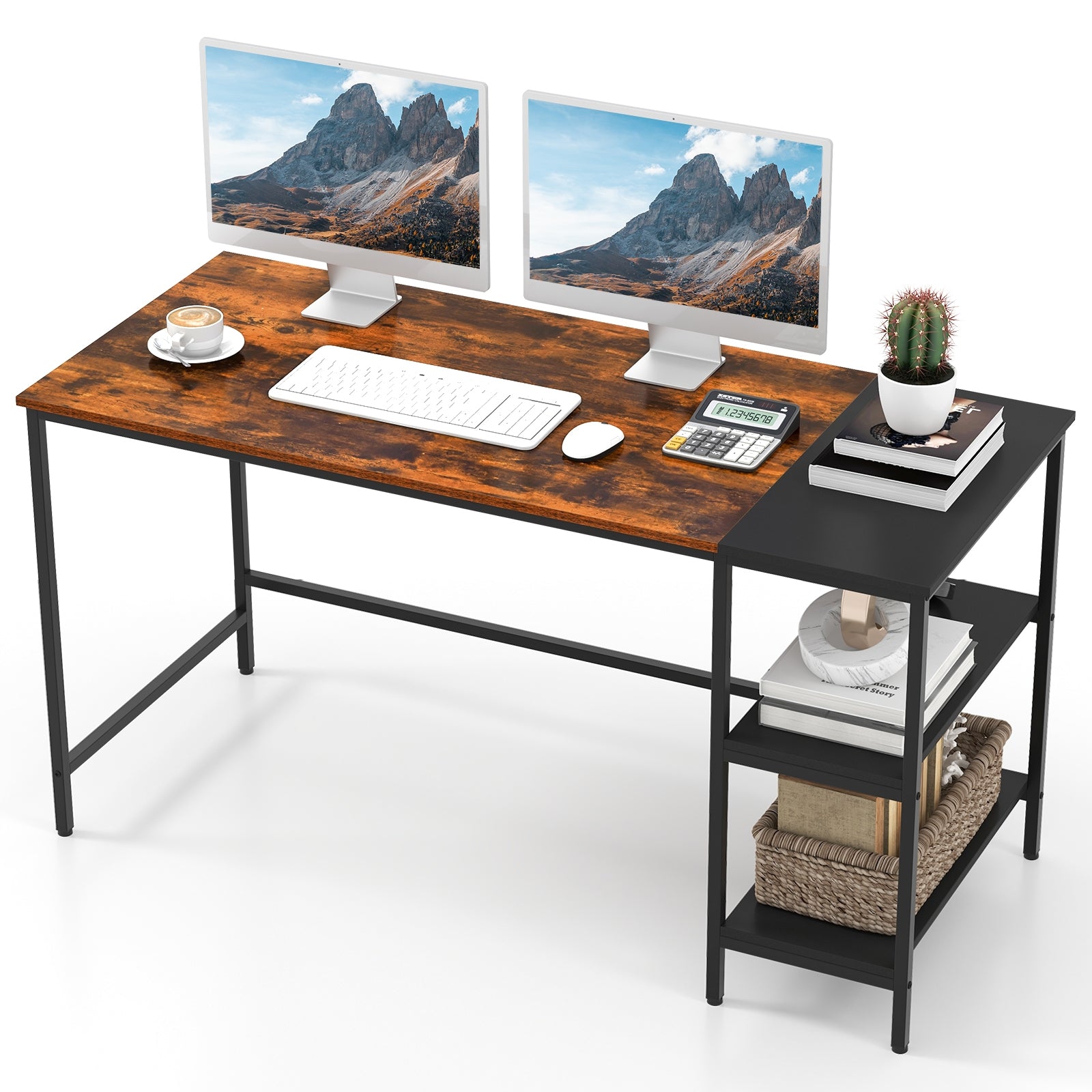 55 Inch Modern Industrial Style Study Writing Desk with 2 Storage Shelves, Rustic Brown Office Desks at Gallery Canada