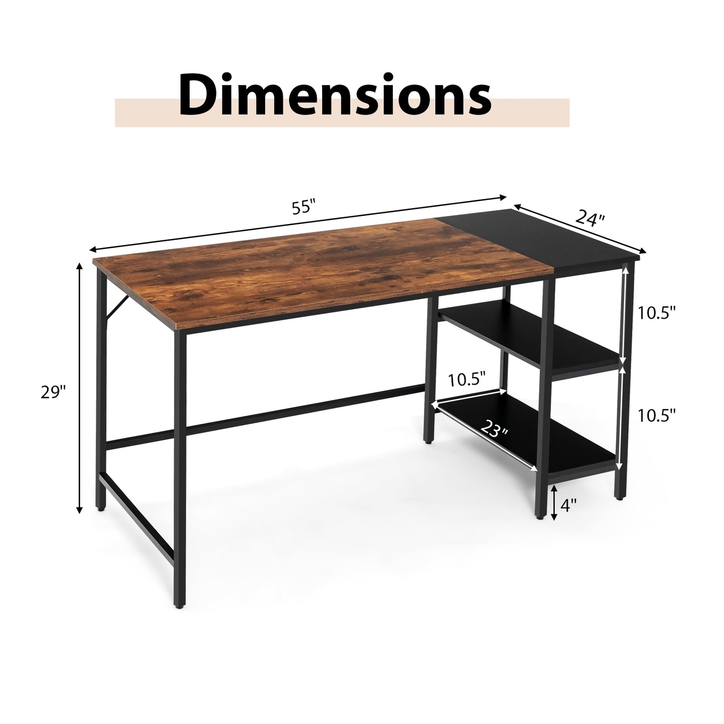55 Inch Modern Industrial Style Study Writing Desk with 2 Storage Shelves, Rustic Brown Office Desks at Gallery Canada