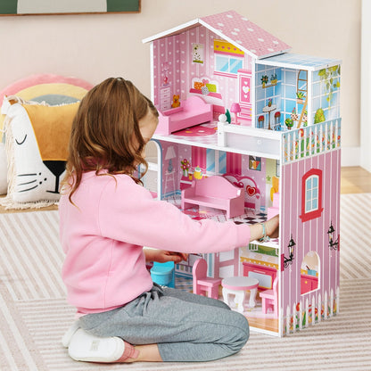 Kids Wooden Dollhouse Playset with 5 Simulated Rooms and 10 Pieces of Furniture, Pink