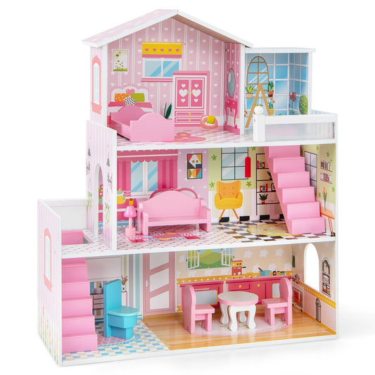 Kids Wooden Dollhouse Playset with 5 Simulated Rooms and 10 Pieces of Furniture, Pink - Gallery Canada