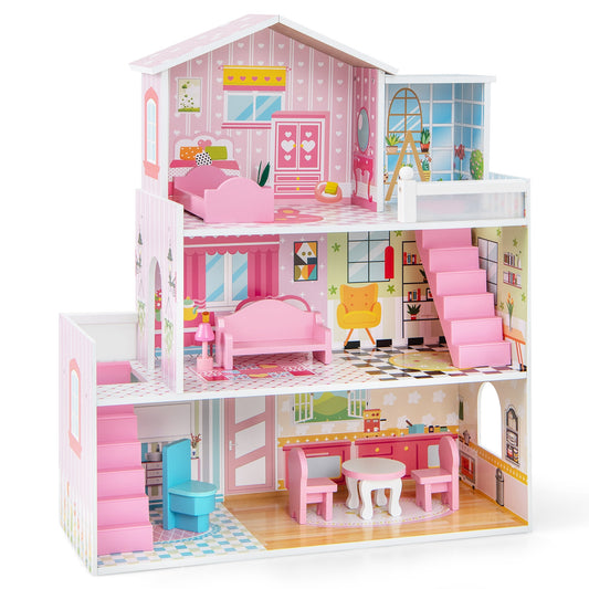 Kids Wooden Dollhouse Playset with 5 Simulated Rooms and 10 Pieces of Furniture, Pink Play Tents & Playhouse Pink at Gallery Canada